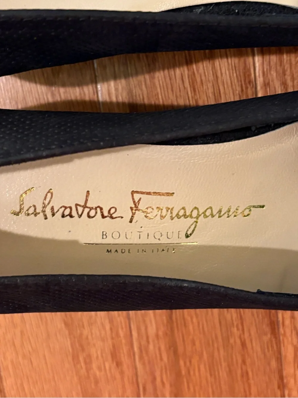 Salvatore Ferragamo Black Slightly Wedged Pumps with Glossy Black Patent Cap Toe
